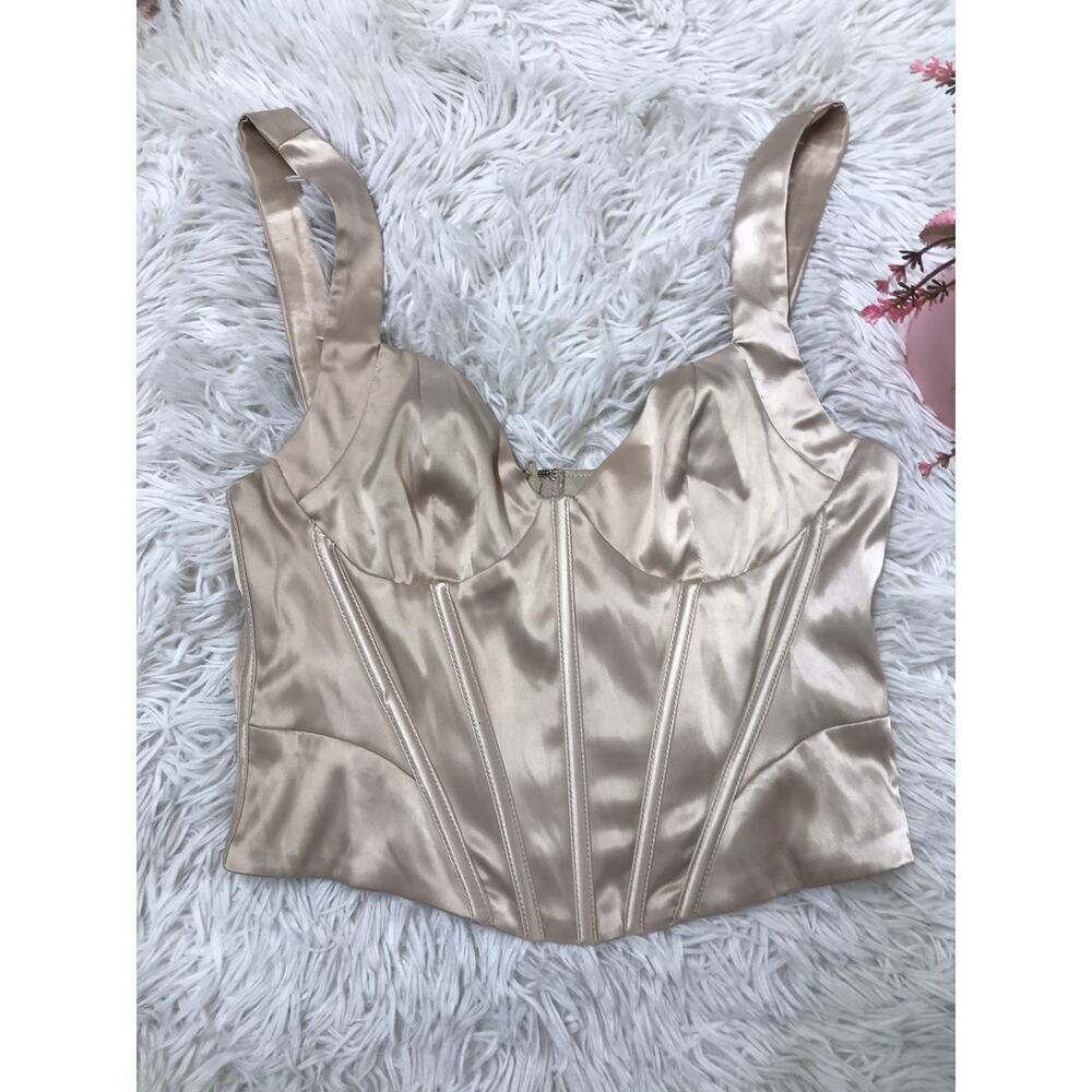 Women's Forever 21 Satin Corset Tank Top Cami Beige Back ZIPS Sm Tee Lingerie